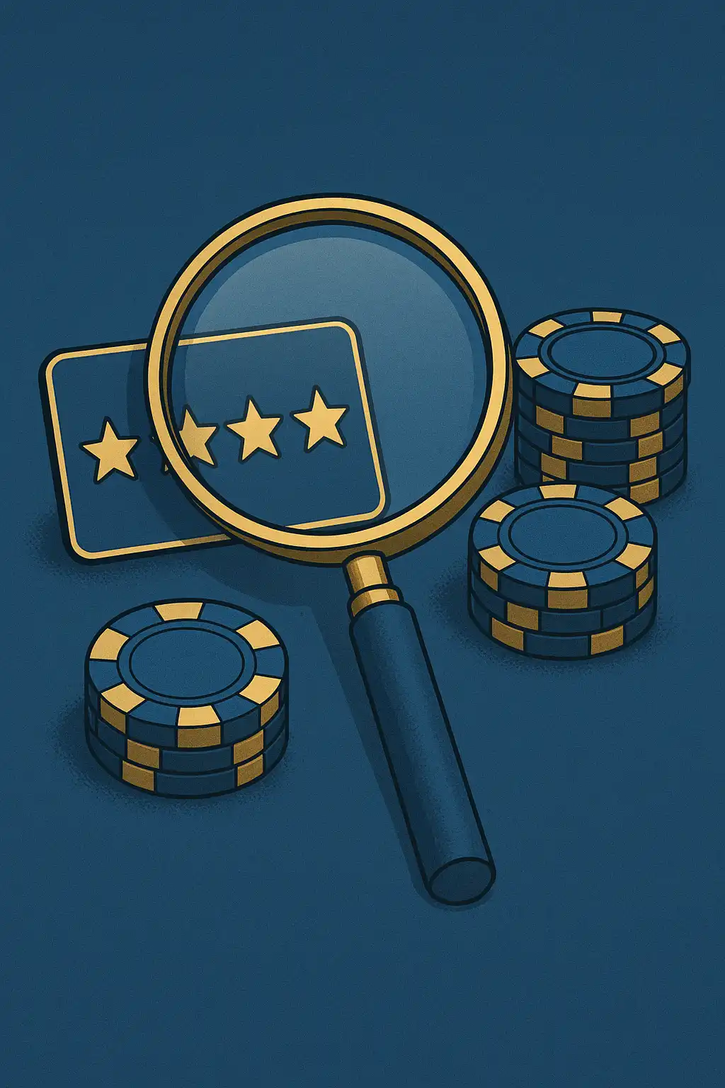 Magnifying glass over a casino review scorecard with stars