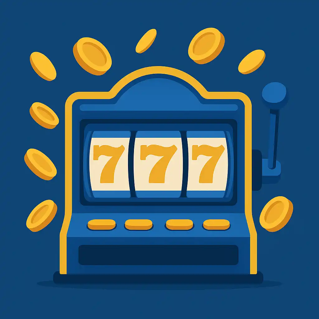 Slot machine reels spinning with coins flying out
